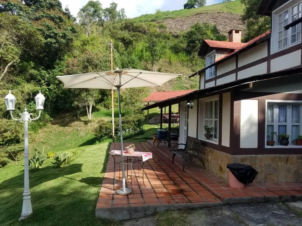 Terraza, comedor y parrillera cubiertos, con vista al monte